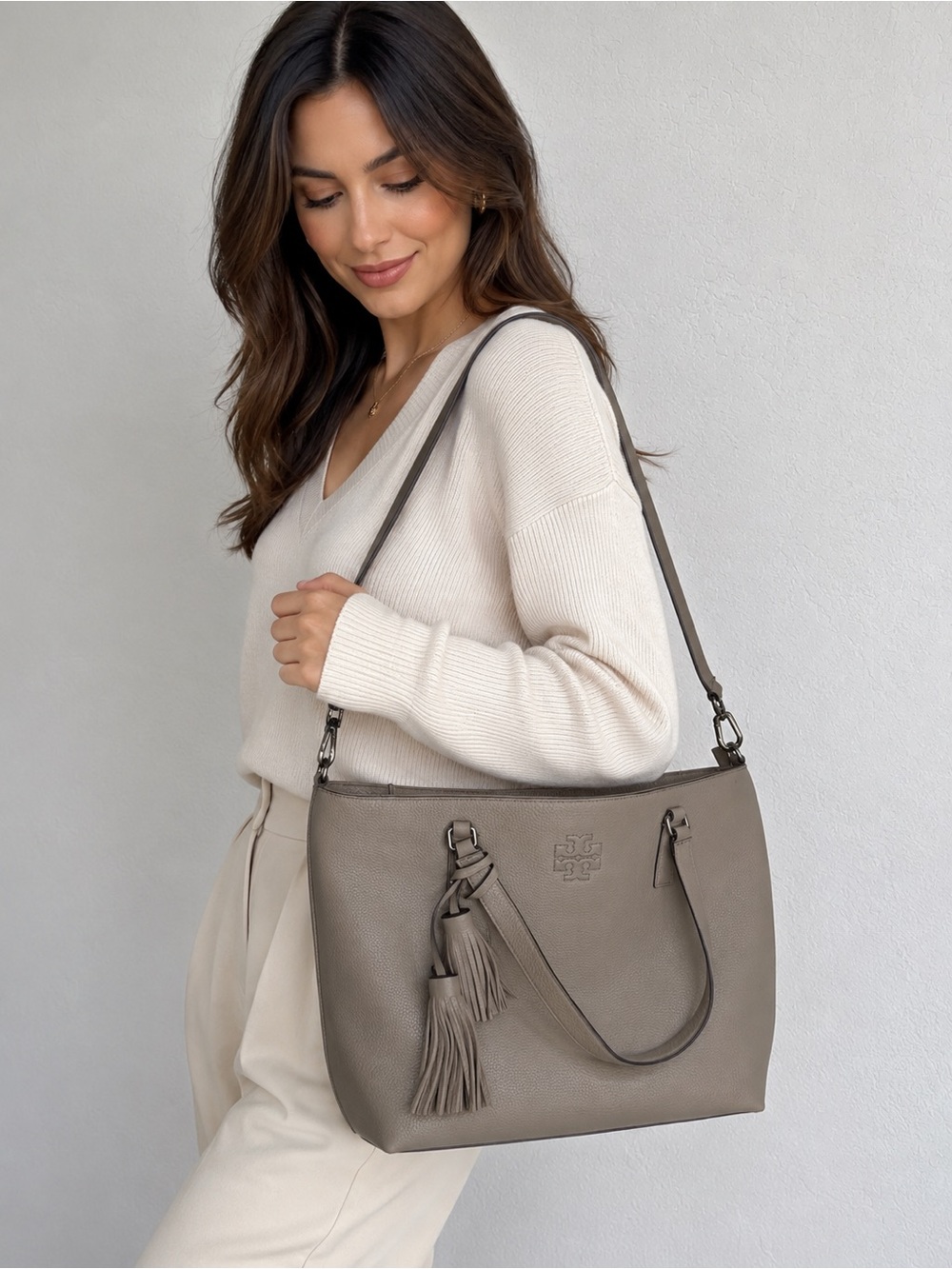 Tory Burch Taupe Pebbled Leather Tote with Logo Lining